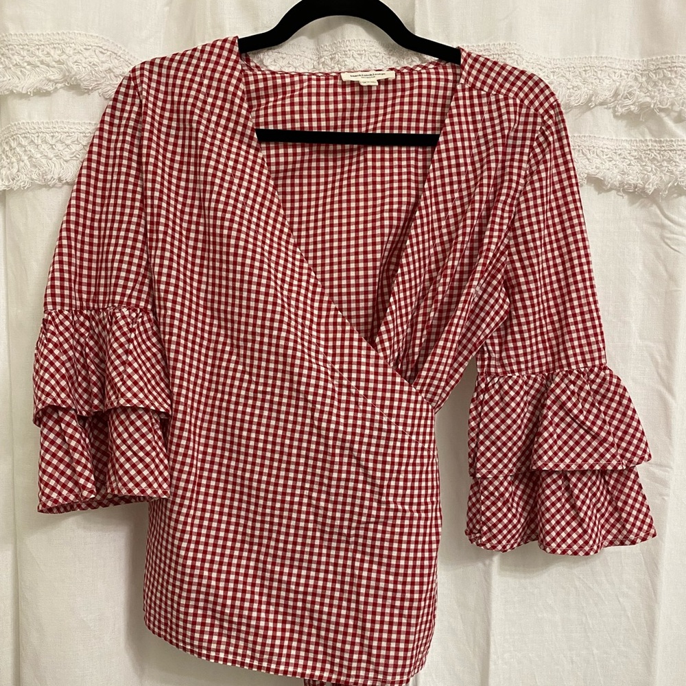 Red Gingham Ruffle Sleeve Blouse